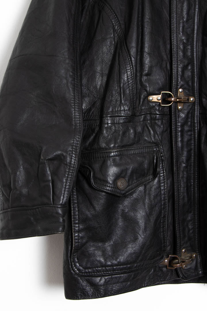 Black Fireman Clasp Leather Jacket (S) - Image 3